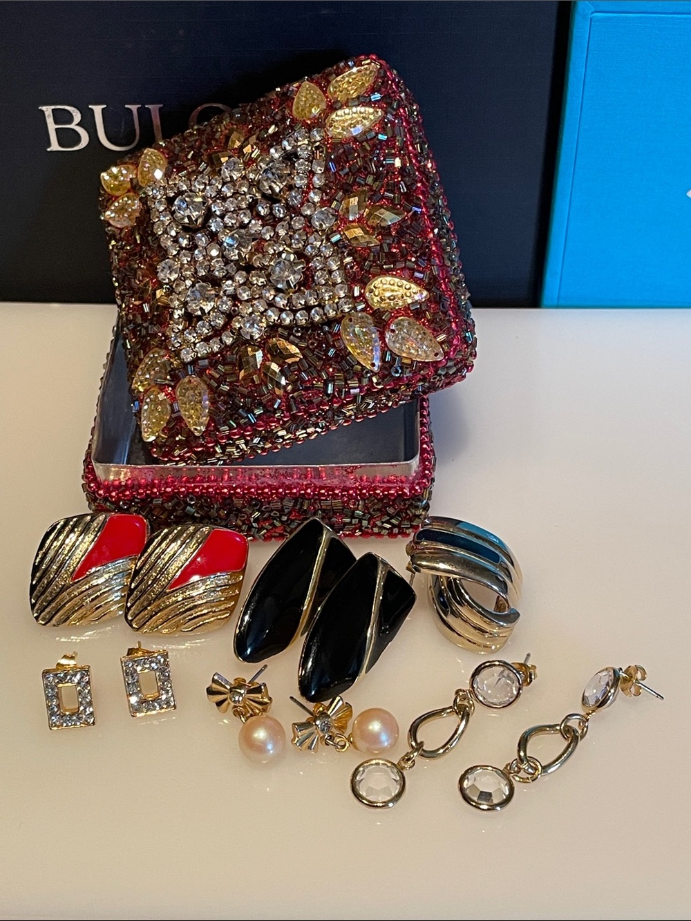 Embellished Red Beaded Jewelry Box with Vintage Gold Tone Earrings Gently Used